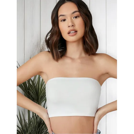Cropped Top Faixa Canelado Sem Alças Reto Tomara Que Caia