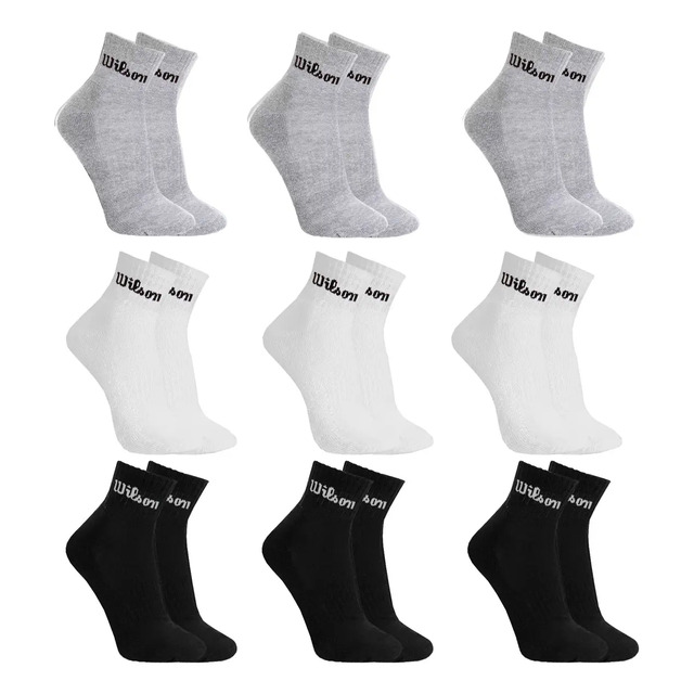 Kit com 9 pares de meias Wilson de cano médio, organizados em três fileiras de três, nas cores cinza, branca e preta.