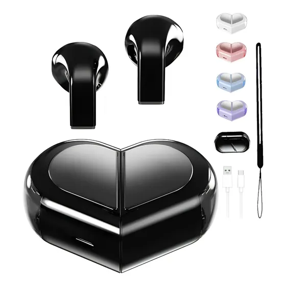 Wowssyo Audífonos Portátil Auriculares Gamer Inalámbricos Bluetooth 5.3 In-ear Con Cordón de Colgante Forma De Corazón Dos Formas,Manos Libres,Color Violeta Romántico, Inalámbrico Con Micrófono