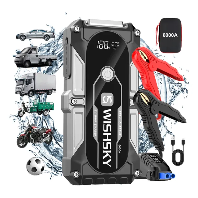 Arrancador Batería Cargador Auto Portátil WISHSKY 6000A Jump Starter 26800mAh Powerbank Pantalla Digital Flash LED Para Carro y Moto Tractor Batería Multiuso con Linterna de Emergencia