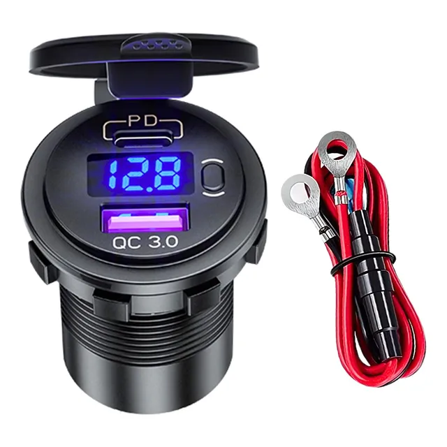 Tomada Carregador Carro Usb Tipo C Pd3.0 Voltimetro Vermelho