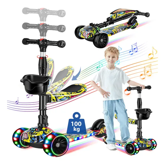 Scooter Monopatín Yuntu de Pie Plegable Portátil Alta Ajustable Para Niños 2-14 Años Con Luces LED Y Música, Asiento Extraíble