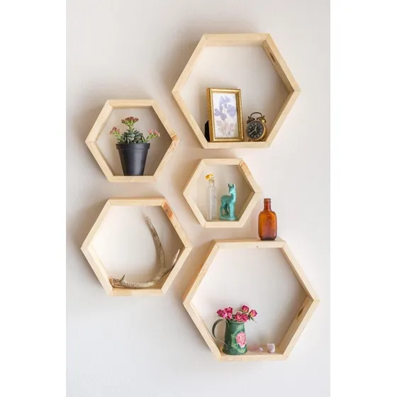 Set De 5 Repisas Hexagonales Mixtas Madera Pino Decoración