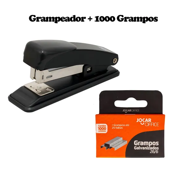 Grampeador De Papel Médio 26/6 + 1000 Grampos Galvanizados