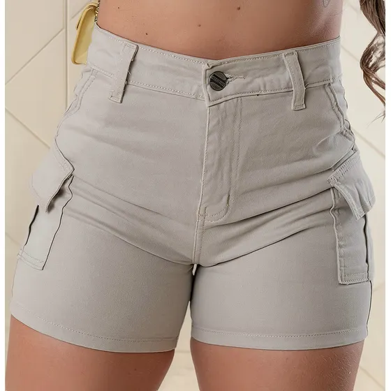 Short Cargo Sarja Feminino Bege Cintura Alta Bolso Lateral