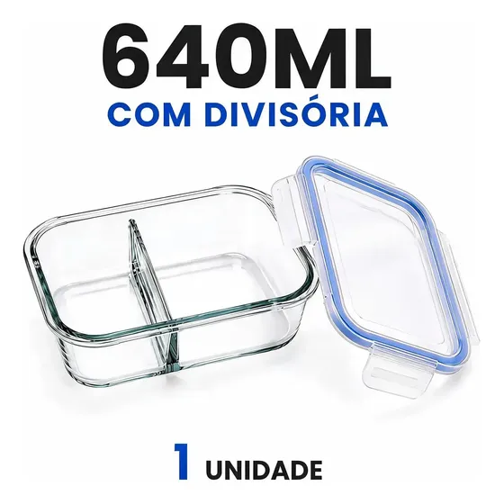 Pote Hermético 640ml Divisória Marmita Vidro Freezer Forno Azul-claro