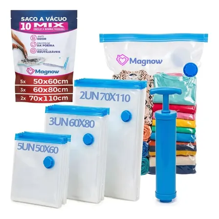 Magnow Pack Kit 10 Sacos a Vácuo com Bomba Manual, Tamanhos 50x60, 60x80 e 70x110, para V…
