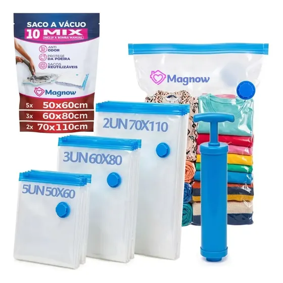 Magnow Pack Kit 10 Sacos a Vácuo com Bomba Manual, Tamanhos 50x60, 60x80 e 70x110, para Viagem, Mala, Guarda-Roupa, Edredom e Casaco