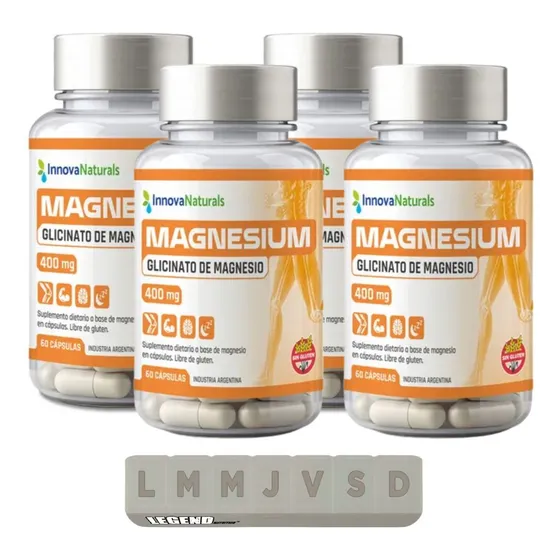 Innovanaturals Glicinato De Magnesio X4 (60 Cápsulas C/u) Sin Sabor + Pastillero Legend