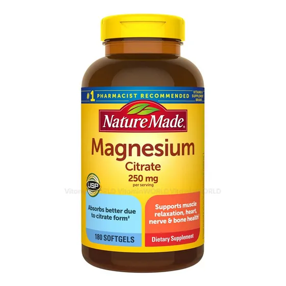 Nature Made Citrato De Magnesio 250 Mg  Apoya Función Muscular, Nerviosa Y Cardíaca, Alta Absorción, Sin Gluten Ni Sabores Artificiales, 180 Cápsulas Blandas