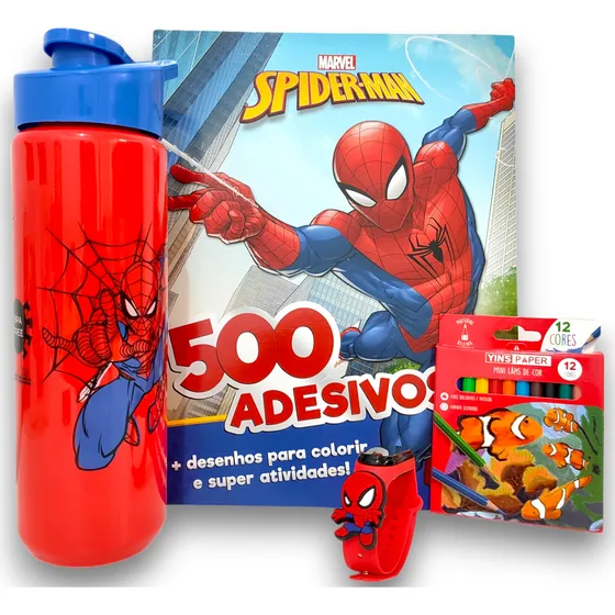 Kit Infantil Do Homem Aranha - Livro Para Colorir Com 500 Adesivos E Atividades Relógio Garrafa Lápis De Cor Meninos