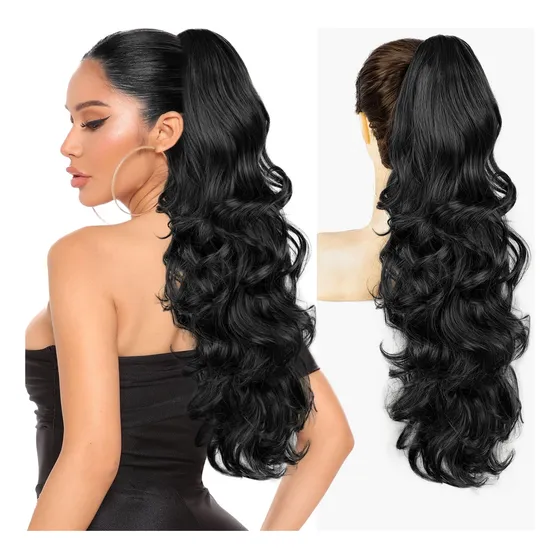 Extension Cola Caballo Negra 24  Cabello Largo Rizado Clip