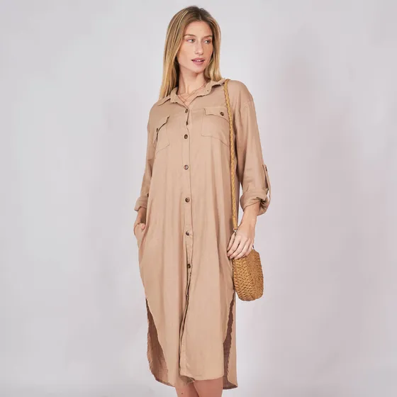 Customs Ba Vestido Lino Camisero Mujer Largo Talles Grandes