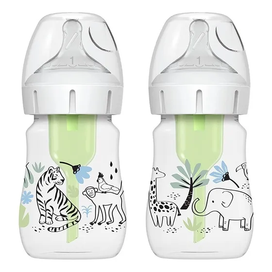 Mamila Biberón Dr Brown's Cuello Ancho Anti Cólicos Paquete 2 piezas 5oz. Decorado Animales Selva