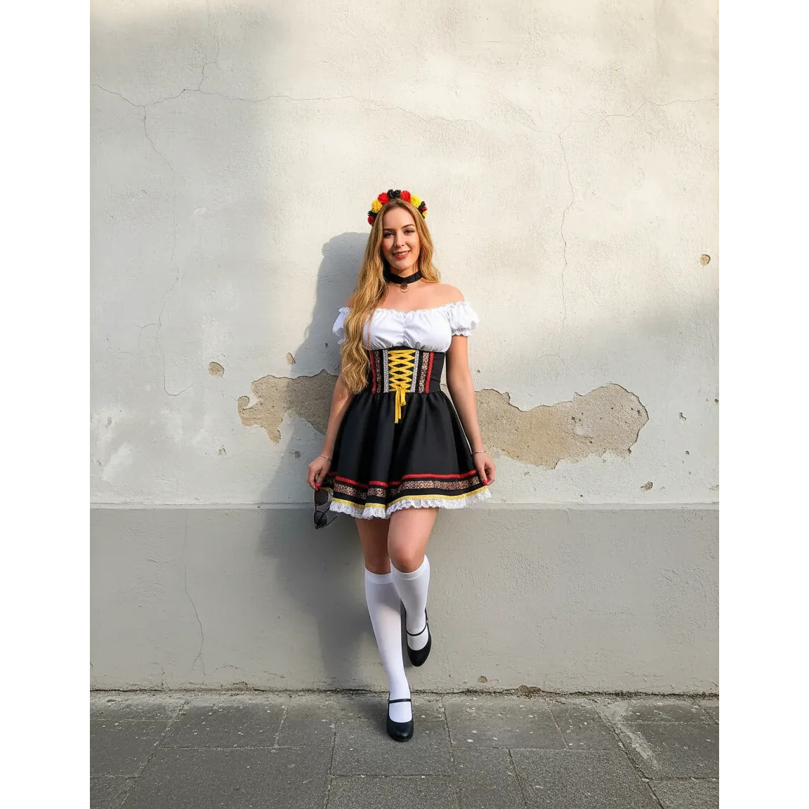 Vestido Traje Alemão Feminino Frida Típico Oktoberfest Preto Detalhe Dourado Liso Único