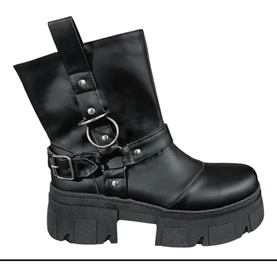 Borcegos Negros Corto Mujer Bota Eco Cuero Bylola Plataforma