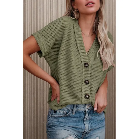Camisas Casuales De Punto Gofre Con Botones Para Mujer
