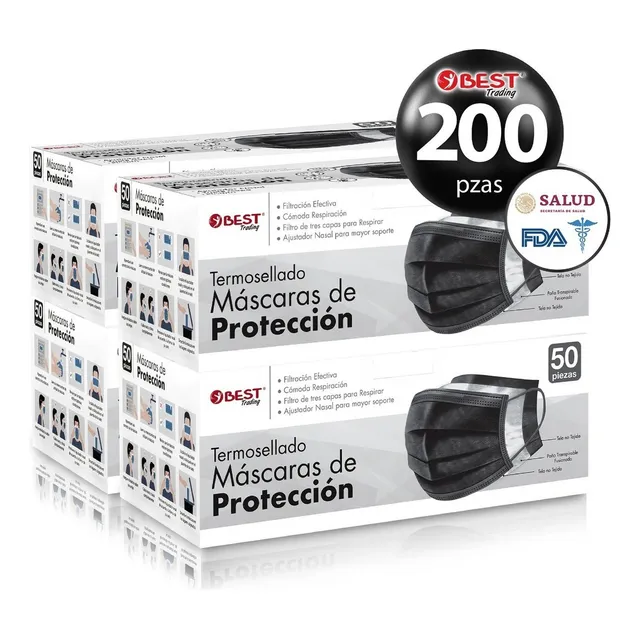 Best Trading Cubrebocas Negro 200 piezas, Mascarilla Desechable Termosellada Tricapa, Tapabocas con Ajustador Nasal Oculto y Tecnología Ligera de Filtrado Efectivo
