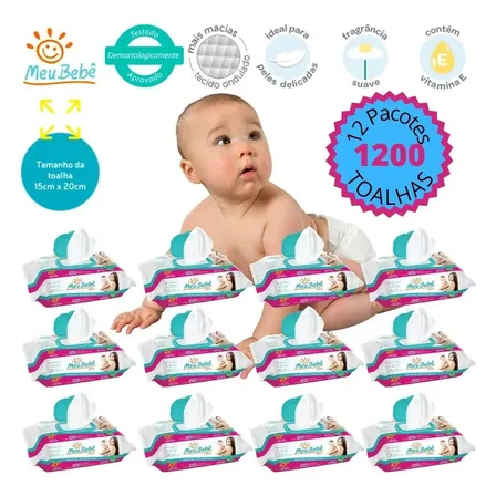 Kit Lenço Umedecido Higiene Bebê 12 Pacotes C/ tampa - 1200 toalhas