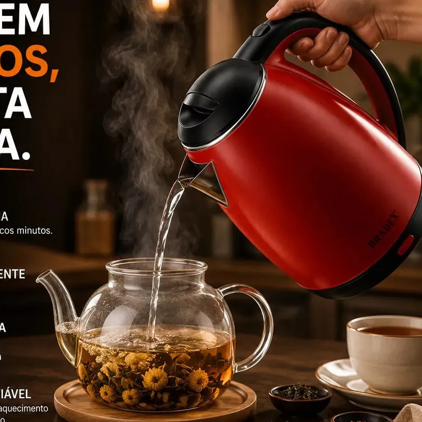 Chaleira Elétrica Inox Vermelha Hold On 1.8L, Com Desligamento Automático e Aquecimento Rápido