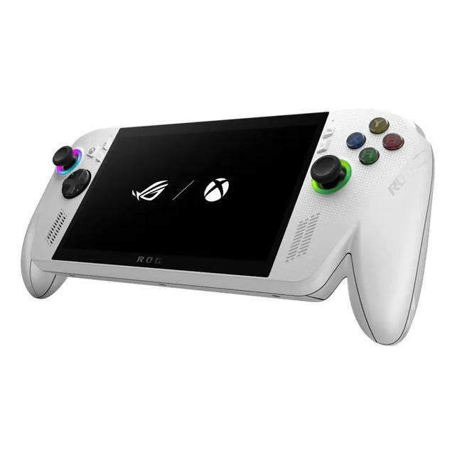 Console portátil Asus ROG Ally Z2 na cor branca com tela ligada exibindo logotipos da ROG e Xbox, controles integrados e iluminação RGB nos analógicos