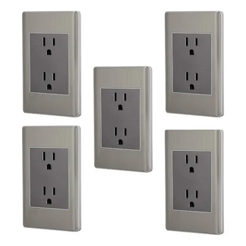 Kit De 5 Placas Con Contacto Doble Acero Inox Color Plateado