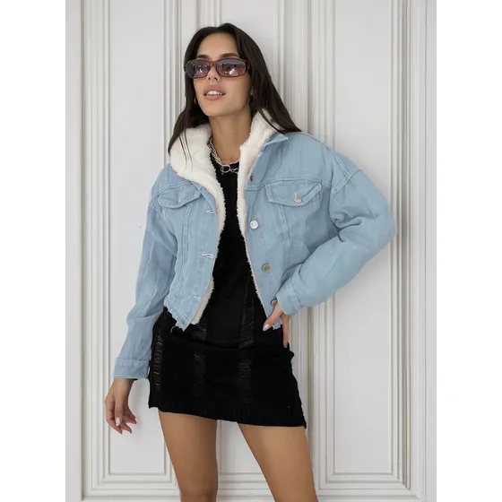 Campera Jean Mujer Cargo Forrada Corderito Oversize Capucha