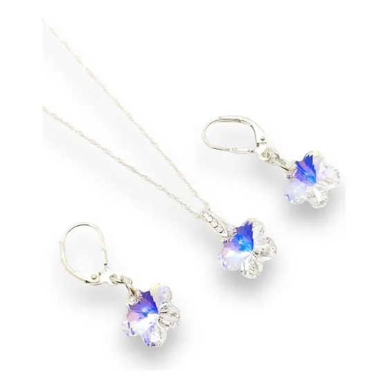 Conjunto Flor 12mm Swarovski Aros Brisura Y Collar De Plata