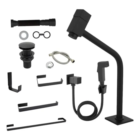 Kit Para Banheiro 6 Peças Quadrado Preto Fosco Com Torneira