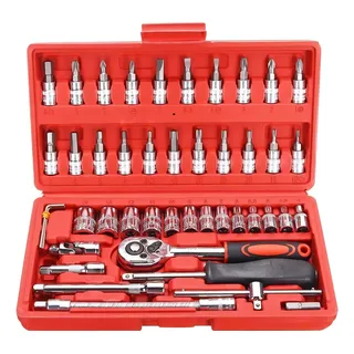 Kit De Ferramentas Jogo Catraca Soquetes 46 Peças Maleta Cor Vermelho Preto Kit De Ferramentas Jogo Catraca Soquetes 46 Peças Maleta Cor Vermelho Preto