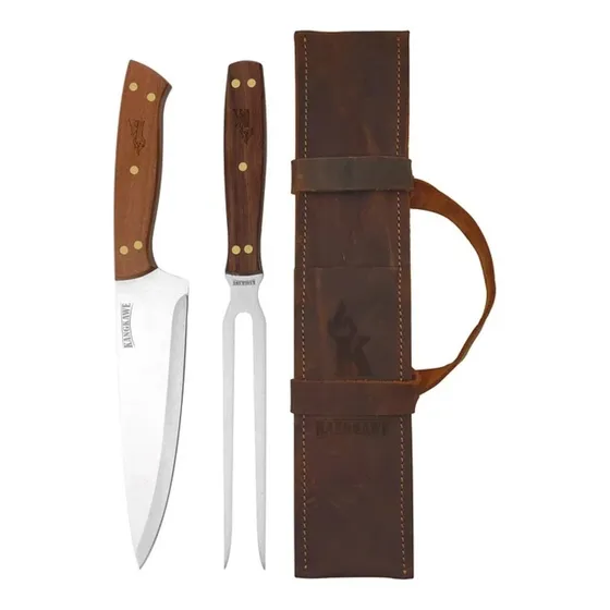 Set Parrillero Cuchillo Tenedor Con Estuche Cuero + Grabado