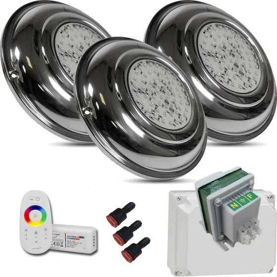 Luces De Pileta Kit 3 Luces Led 20w Rgb 23cm De Acero Inoxidable Con Transformador Caja Controlador Rgb Y Pasamuros Listo Para Instalar En Pileta De Material Hormigon