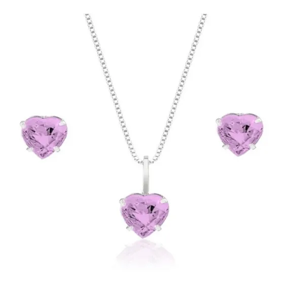 Colar Brinco Infantil Coração Zirconia Prata 925 Rosa