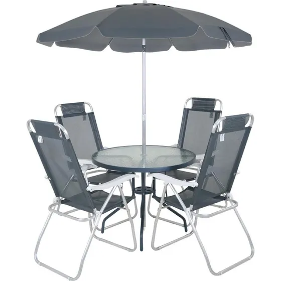 Conjunto Noronha Cinza Com Mesa 4 Cadeiras E Guarda Sol Bel