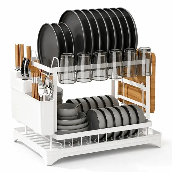 Secaplatos De Mesa Eoland 2 Niveles Acero Inoxidable Blanco Con Cubiertero Y Secavasos 11 Platos