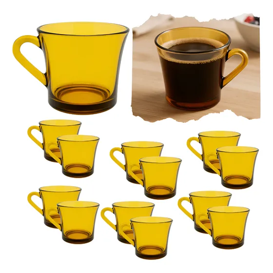Conjunto 12 Xícara Sino Ambar Vidro 200ml Chá Café