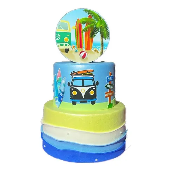 Bolo Fake Maquete Tema Praia / Kombi - Ideal Pegue E Monte