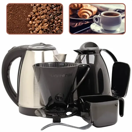 Kit Prático Café Chaleira Inox + Garrafa Térmica Filtro Pre Preto 110/127v