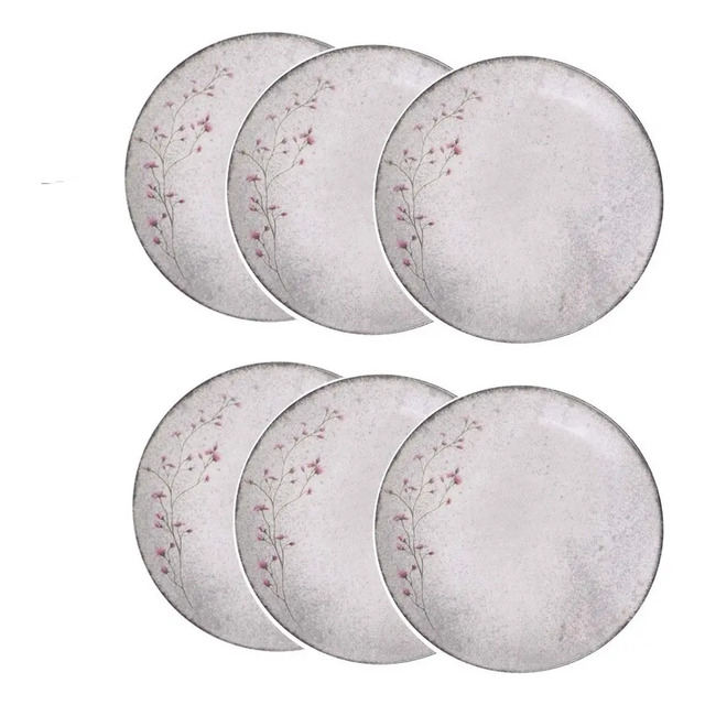 Conjunto de seis pratos fundos Tramontina da linha Floralis, com estampa floral delicada em tons de cinza, rosa e preto, dispostos em duas fileiras de três unidades.