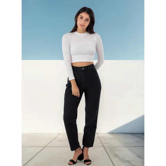 Jean Mom Negro Liso Hershe Denim Mujer