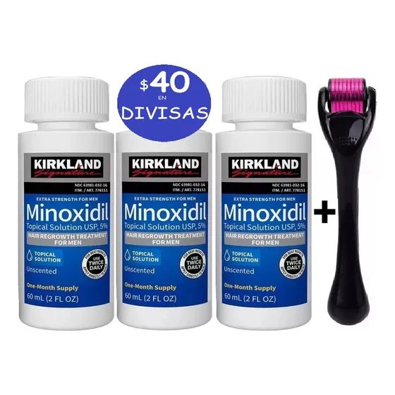 Combo 3 Minoxidil Kirkland Barba Cabello + 1  Dermaroller