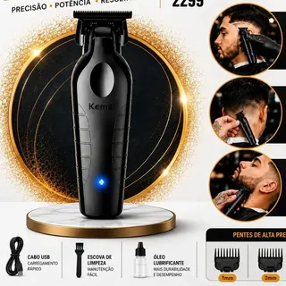 Máquina de Cortar Cabelo Acabamento Pezinho Barba Kemei KM-2299 Sem Fio Profissional Com Carregamento USB Cartel Barber Shop