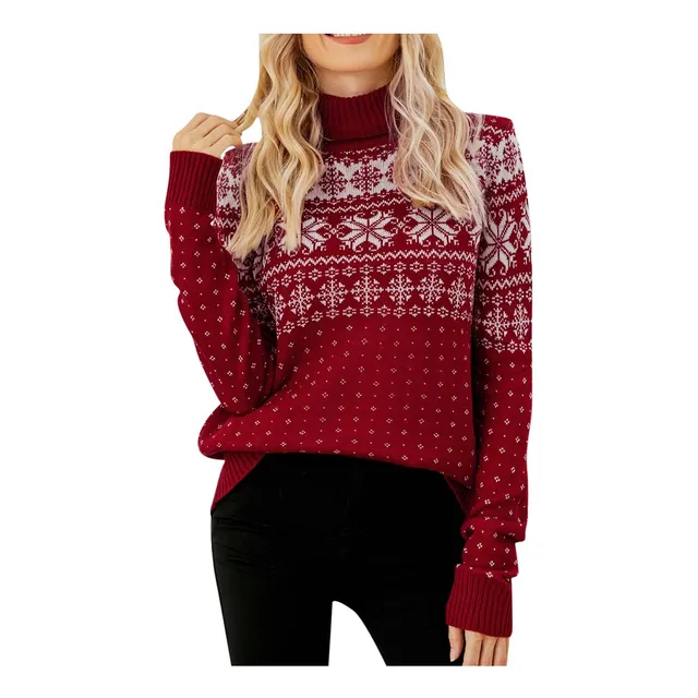Sueter Navidad Para Mujer Otoño Cuello Alto Manga Larga Copo