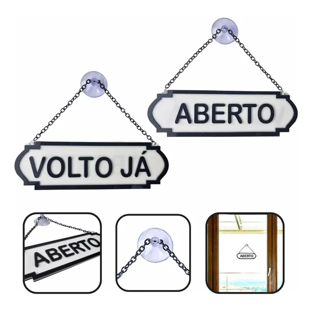 Placa Aberto Volto Já Com Corrente E Ventosa Branco E Preto