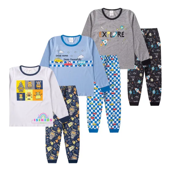 Kit 3 Pijama Infantil Menino Algodão Atacado Confortável