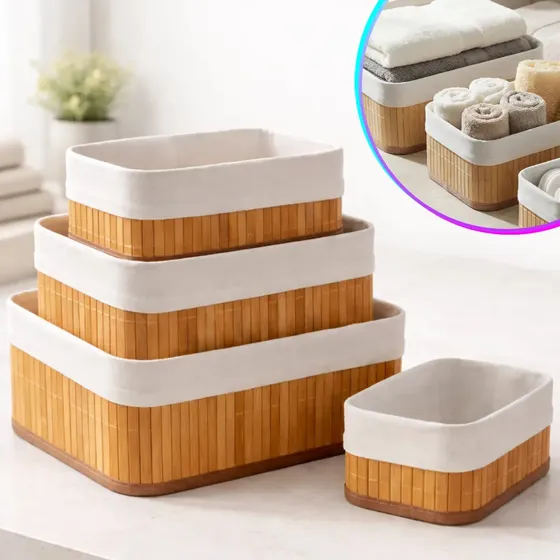 Kit 3 Cestos Bambu Organizador Com Forro Lavável Multiuso Retangular Jogo Vime Sólar Armazenador Guarda Roupa Gaveta Mesas Banheiro