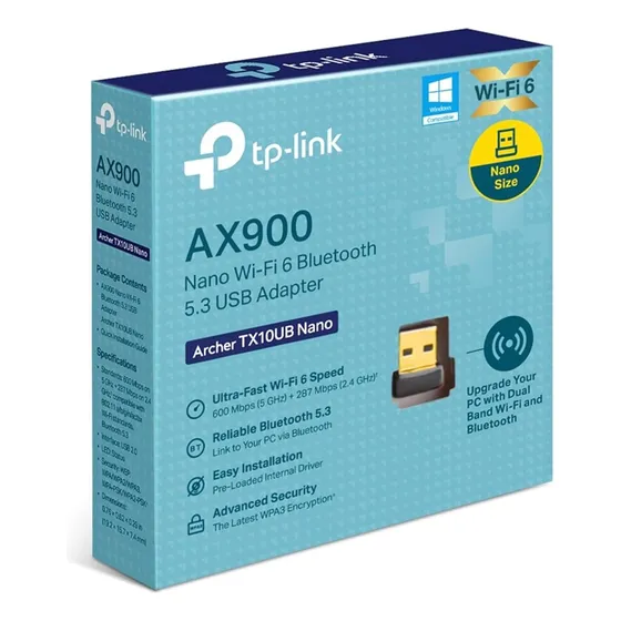Adaptador Placa de Rede USB Wi-Fi 6 e Bluetooth TP-Link Archer TX10UB Nano AX900