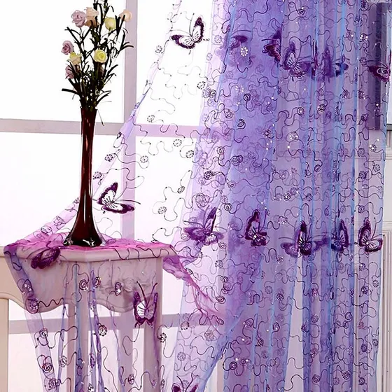 Cortina De Gasa Transparente Morada Con Lentejuelas Y Maripo