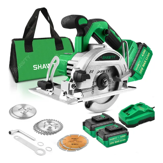 Sierra Circular Electrica SHAWTY, 20V Sierra Circular Inalámbrica Con 2 Baterías 4.0AH, Profundidad de Corte Ajustable 90°-45° Para Cortadora De Madera, Metal, Plástico
