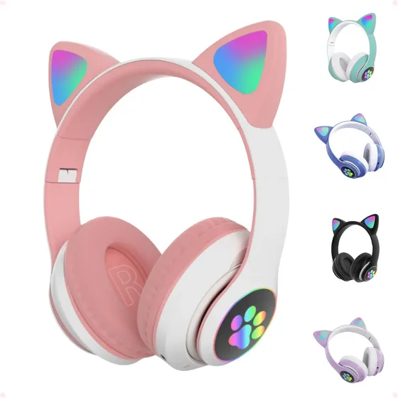 Fone De Ouvido Gatinho Bluetooth Infantil Led Menino Menina Cor Rosa